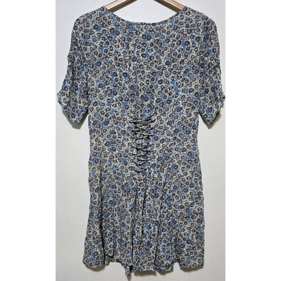 Free People Blue Floral Print Sun Dress Laced Up Mini Sleeves Back M Boho Fairy - Picture 9 of 14